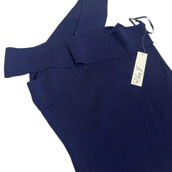 Eliza J Blue Stretch Jersey Knit Off The Shoulder Strappy Fitted Top - Picture 3 of 9